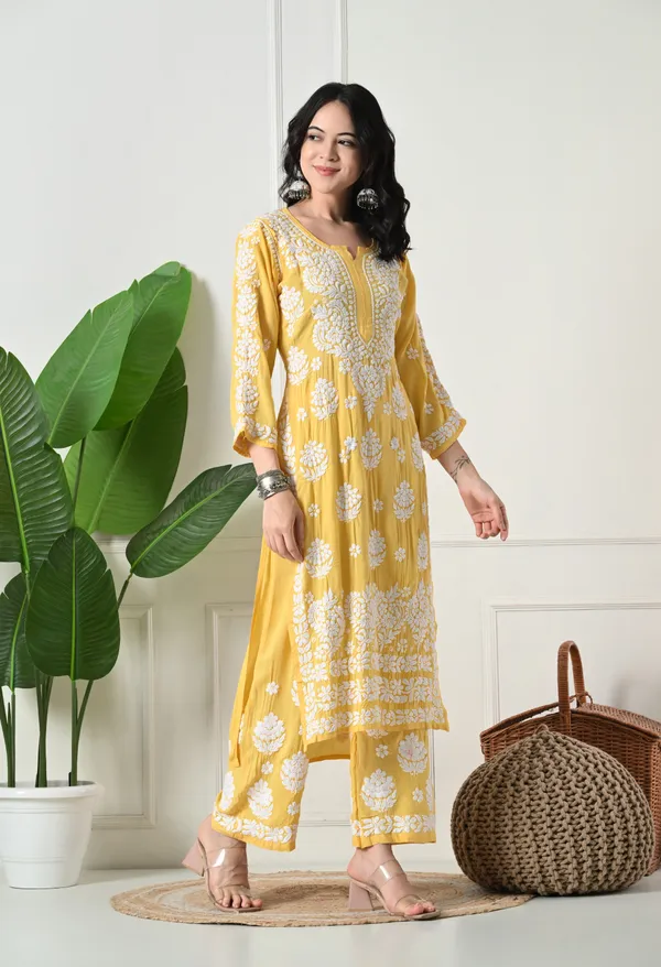 Hand_Embroidered_Chikankari_Modal_Plazo_Set_3d_Work-Yellow