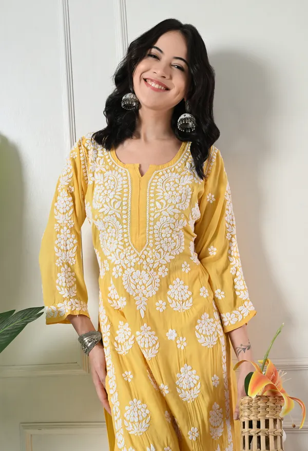 Hand_Embroidered_Chikankari_Modal_Plazo_Set_3d_Work-Yellow