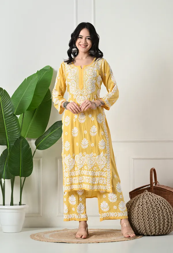 Hand_Embroidered_Chikankari_Modal_Plazo_Set_3d_Work-Yellow