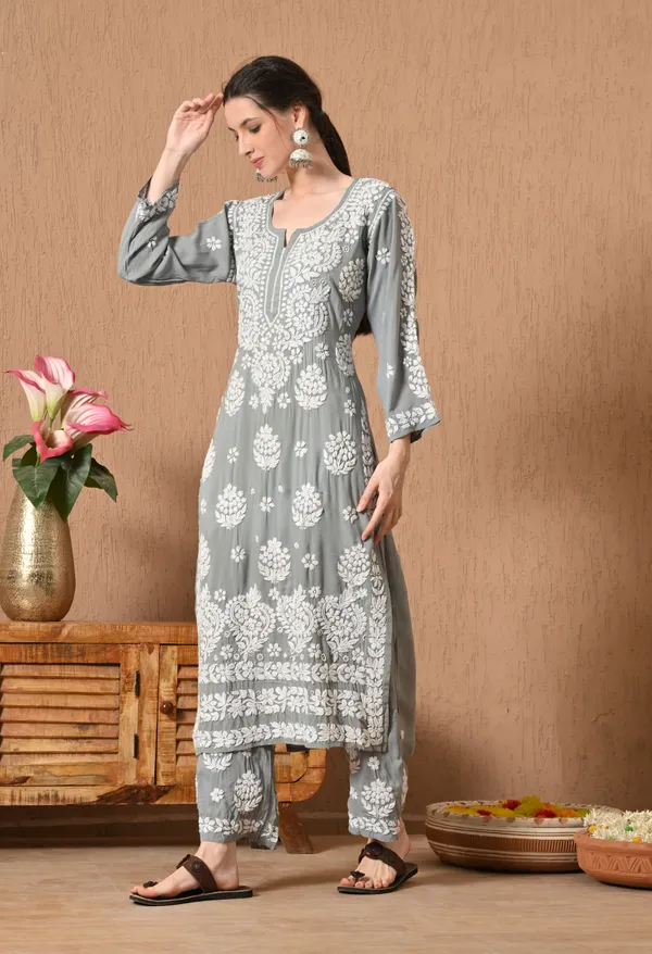 Hand_Embroidered_Chikankari_Modal_Plazo_Set_3d_Work-Grey