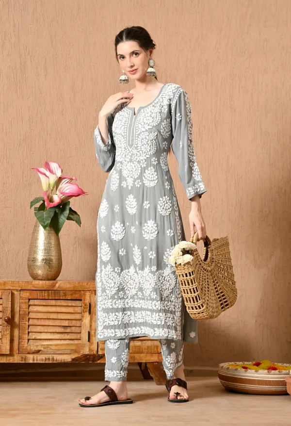 Hand_Embroidered_Chikankari_Modal_Plazo_Set_3d_Work-Grey