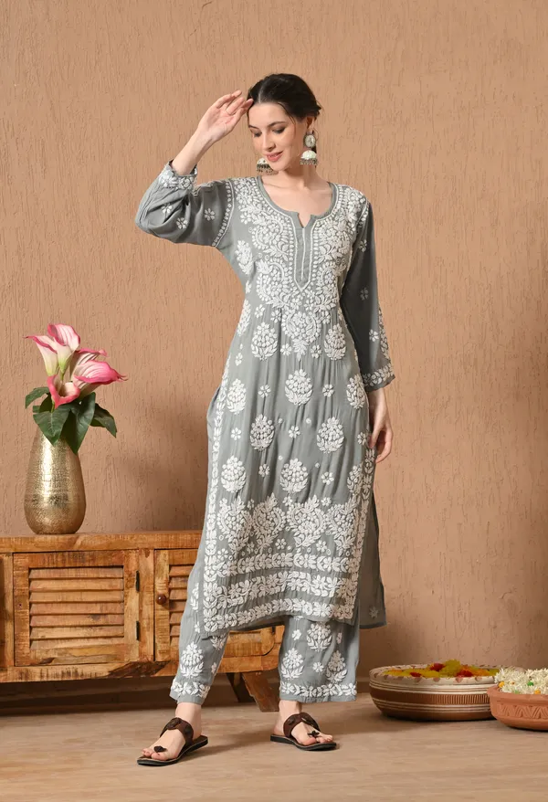 Hand_Embroidered_Chikankari_Modal_Plazo_Set_3d_Work-Grey