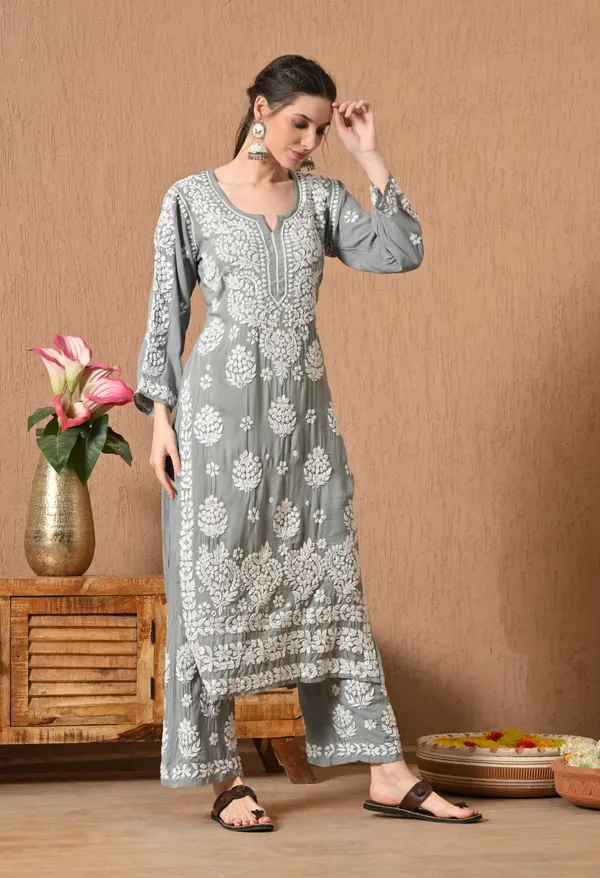 Hand_Embroidered_Chikankari_Modal_Plazo_Set_3d_Work-Grey