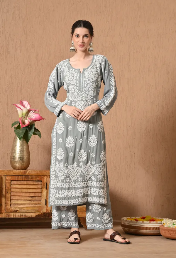 Hand_Embroidered_Chikankari_Modal_Plazo_Set_3d_Work-Grey