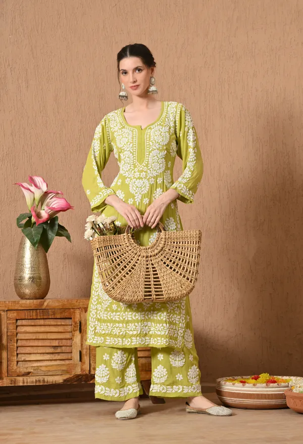 Hand_Embroidered_Chikankari_Modal_Plazo_Set_3d_Work-Sea_Green