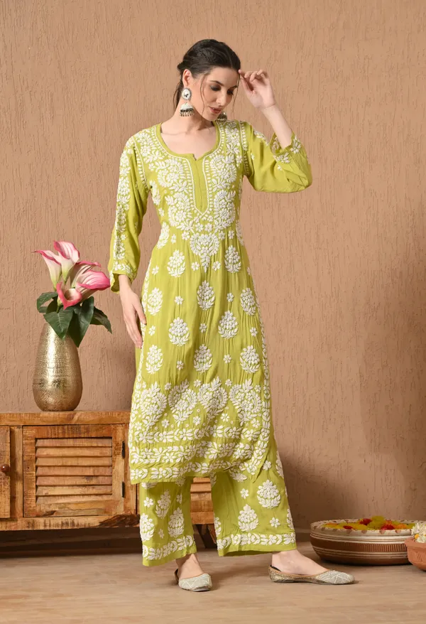 Hand_Embroidered_Chikankari_Modal_Plazo_Set_3d_Work-Sea_Green