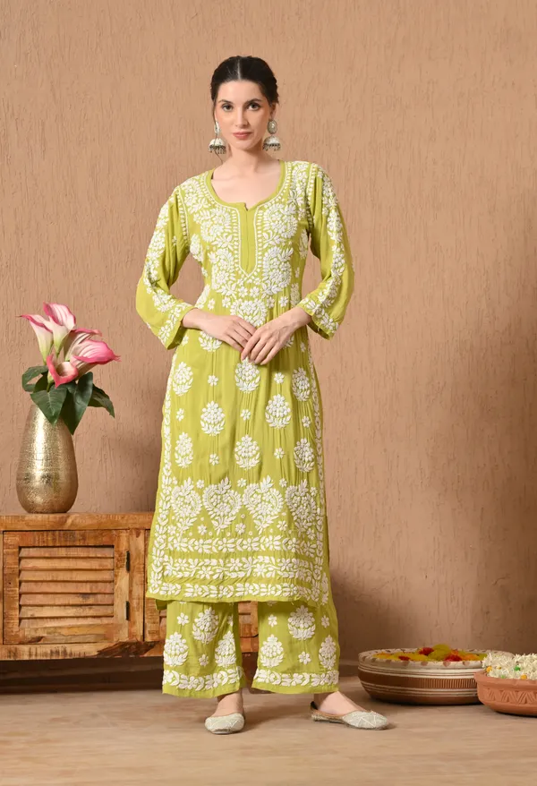 Hand_Embroidered_Chikankari_Modal_Plazo_Set_3d_Work-Sea_Green
