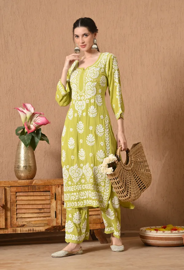 Hand_Embroidered_Chikankari_Modal_Plazo_Set_3d_Work-Sea_Green