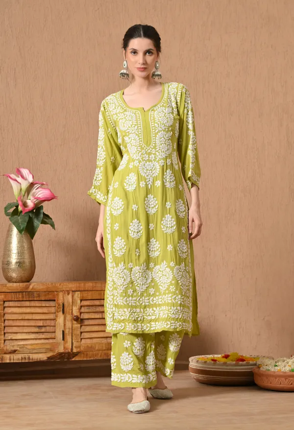 Hand_Embroidered_Chikankari_Modal_Plazo_Set_3d_Work-Sea_Green