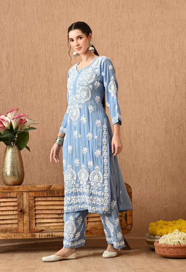 Hand_Embroidered_Chikankari_Modal_Plazo_Set_3d_Work-Powder_Blue