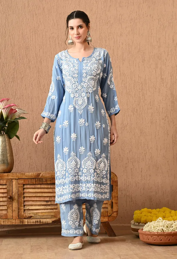 Hand_Embroidered_Chikankari_Modal_Plazo_Set_3d_Work-Powder_Blue