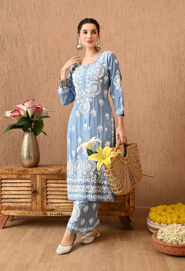 Hand_Embroidered_Chikankari_Modal_Plazo_Set_3d_Work-Powder_Blue