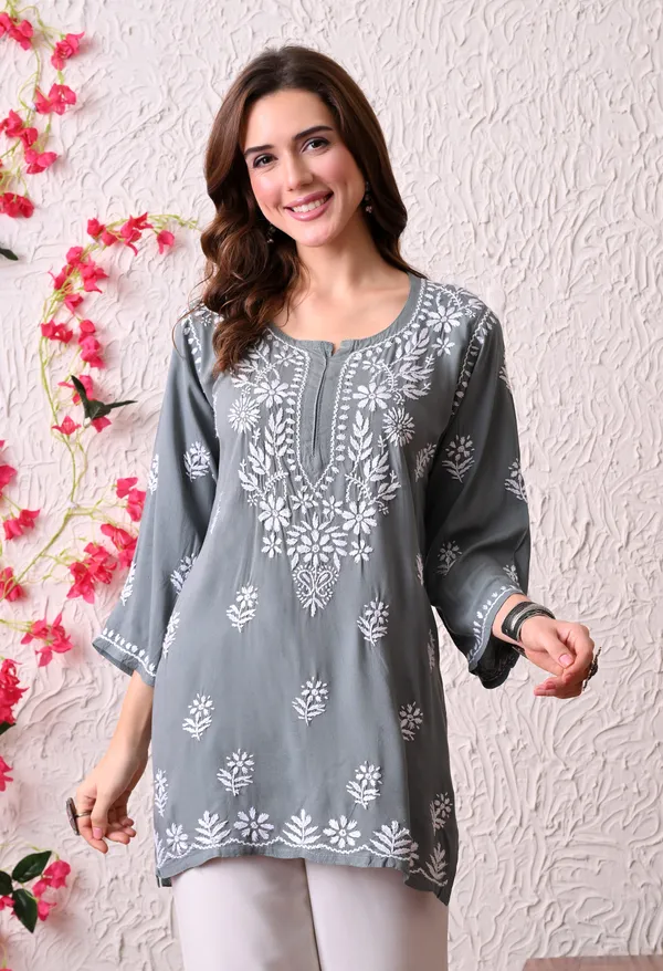 Syrish_Women's_Grey_Hand_Embroidered_Lucknow_Chikankari_Rayon_Straight_Kurti