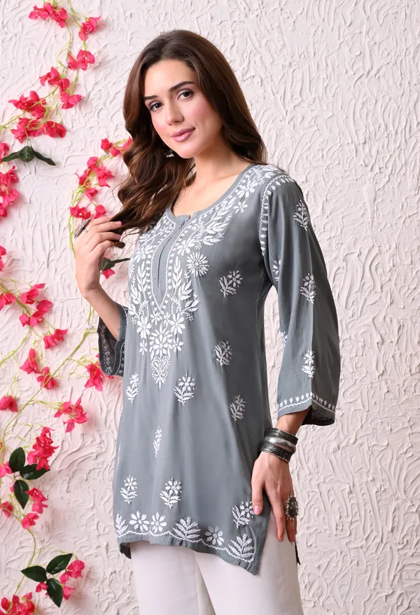 Syrish_Women's_Grey_Hand_Embroidered_Lucknow_Chikankari_Rayon_Straight_Kurti