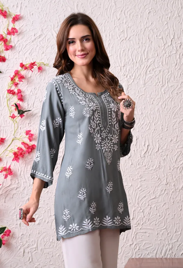 Syrish_Women's_Grey_Hand_Embroidered_Lucknow_Chikankari_Rayon_Straight_Kurti