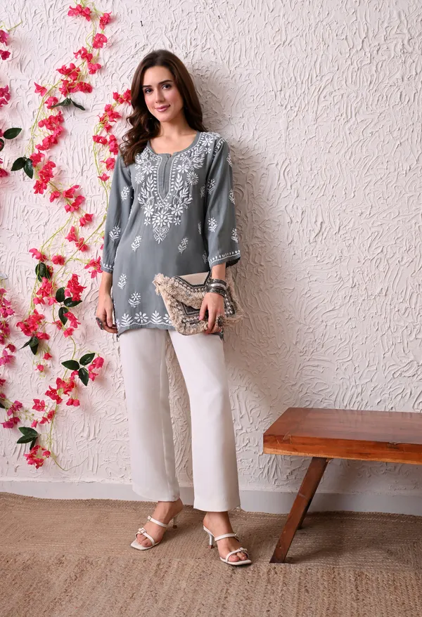 Syrish_Women's_Grey_Hand_Embroidered_Lucknow_Chikankari_Rayon_Straight_Kurti