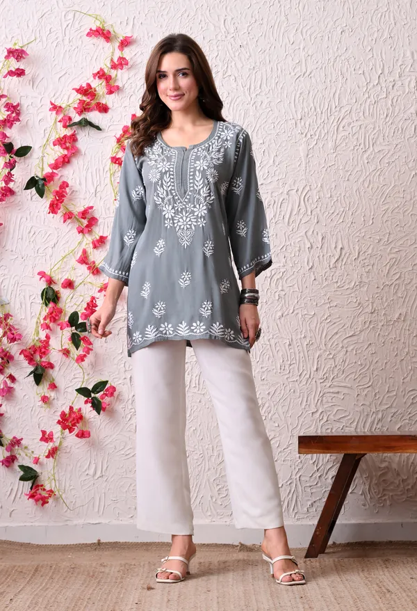 Syrish_Women's_Grey_Hand_Embroidered_Lucknow_Chikankari_Rayon_Straight_Kurti