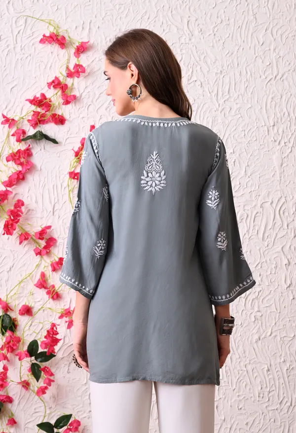 Syrish_Women's_Grey_Hand_Embroidered_Lucknow_Chikankari_Rayon_Straight_Kurti