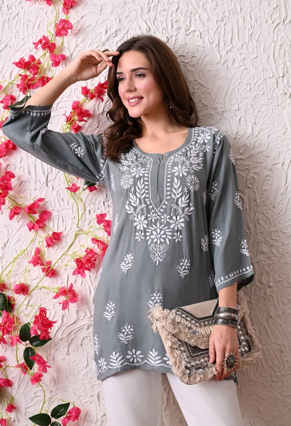 Syrish_Women's_Grey_Hand_Embroidered_Lucknow_Chikankari_Rayon_Straight_Kurti