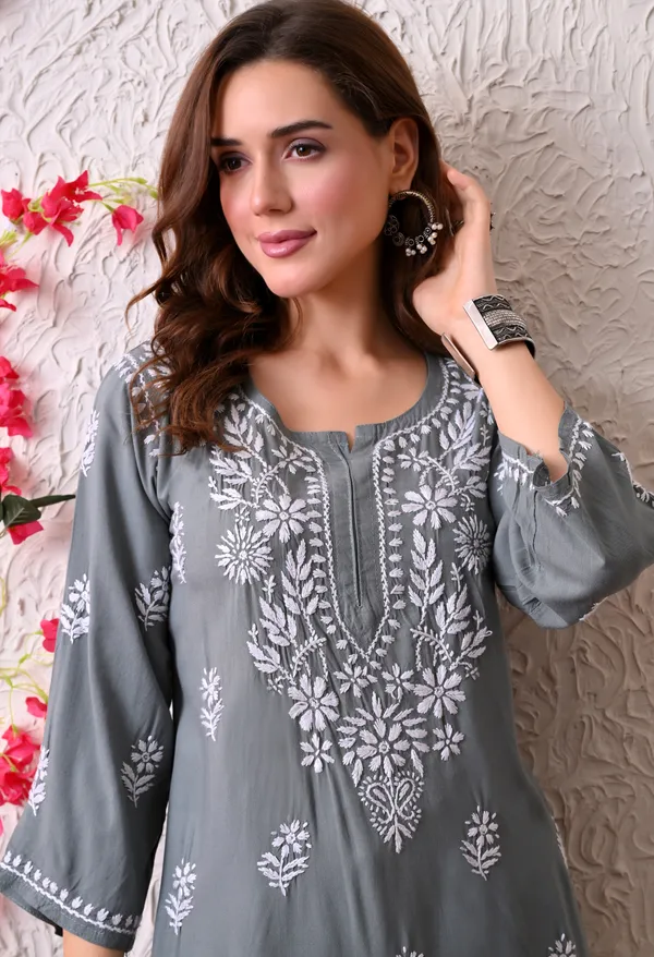 Syrish_Women's_Grey_Hand_Embroidered_Lucknow_Chikankari_Rayon_Straight_Kurti