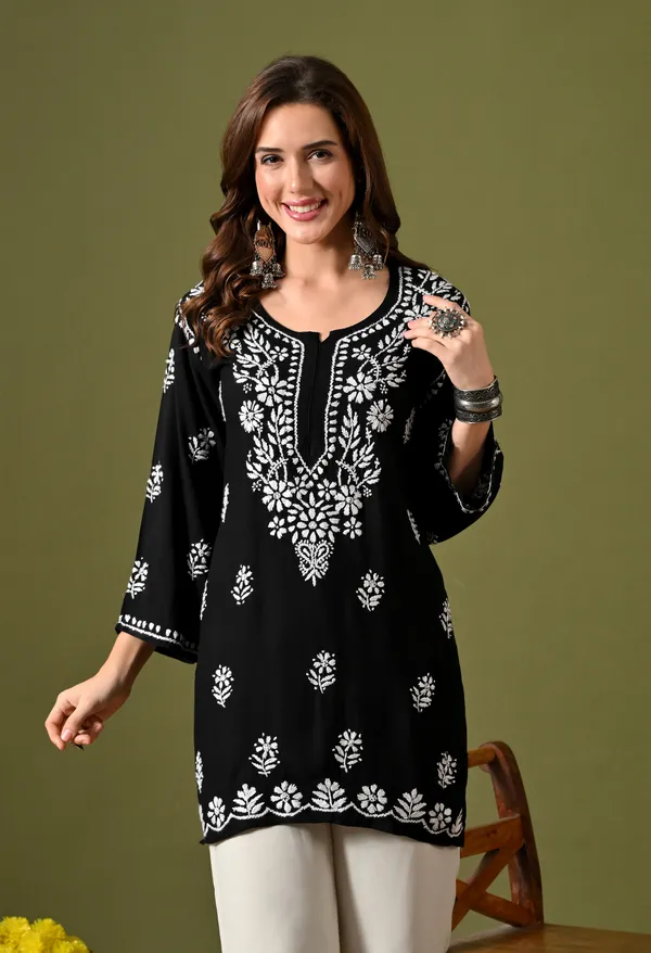 Syrish_Women's_Black_Hand_Embroidered_Lucknow_Chikankari_Rayon_Straight_Kurti