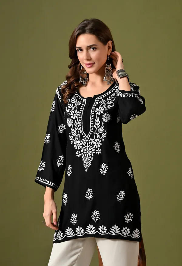 Syrish_Women's_Black_Hand_Embroidered_Lucknow_Chikankari_Rayon_Straight_Kurti