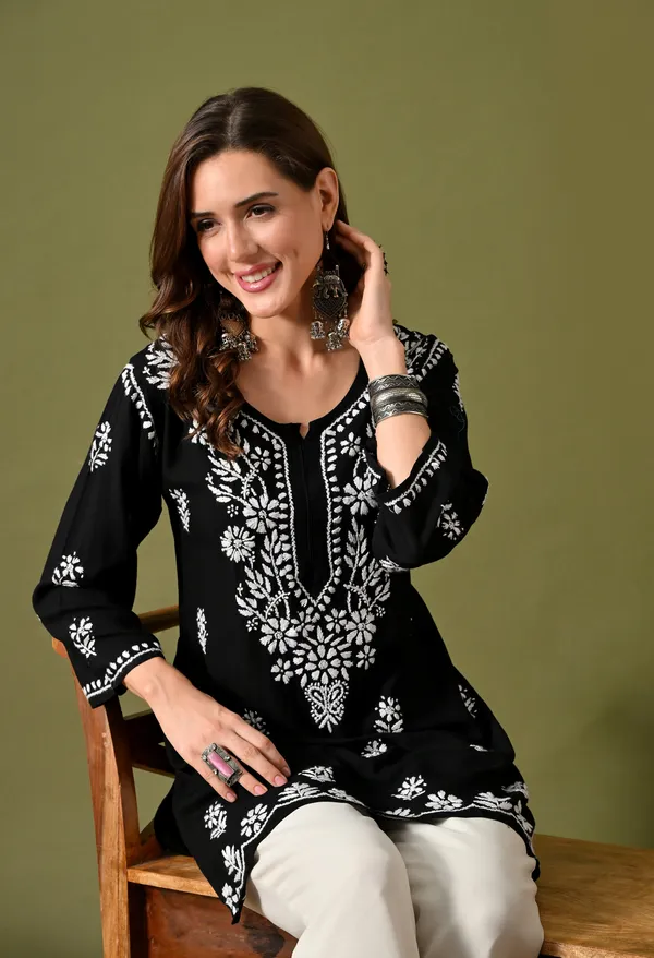 Syrish_Women's_Black_Hand_Embroidered_Lucknow_Chikankari_Rayon_Straight_Kurti