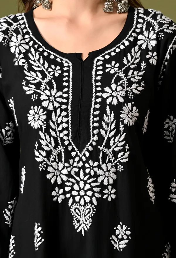 Syrish_Women's_Black_Hand_Embroidered_Lucknow_Chikankari_Rayon_Straight_Kurti