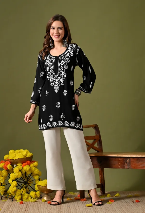 Syrish_Women's_Black_Hand_Embroidered_Lucknow_Chikankari_Rayon_Straight_Kurti