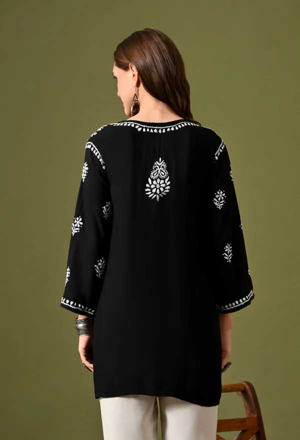 Syrish_Women's_Black_Hand_Embroidered_Lucknow_Chikankari_Rayon_Straight_Kurti