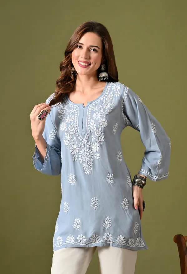 Syrish_Women's_Blue_Hand_Embroidered_Lucknow_Chikankari_Rayon_Straight_Kurti