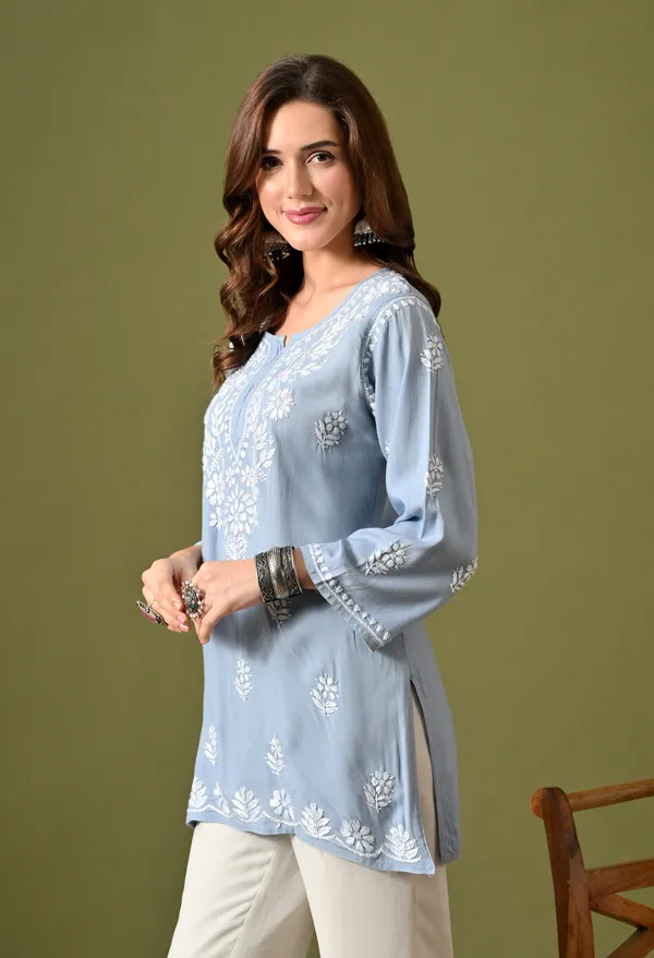 Syrish_Women's_Blue_Hand_Embroidered_Lucknow_Chikankari_Rayon_Straight_Kurti