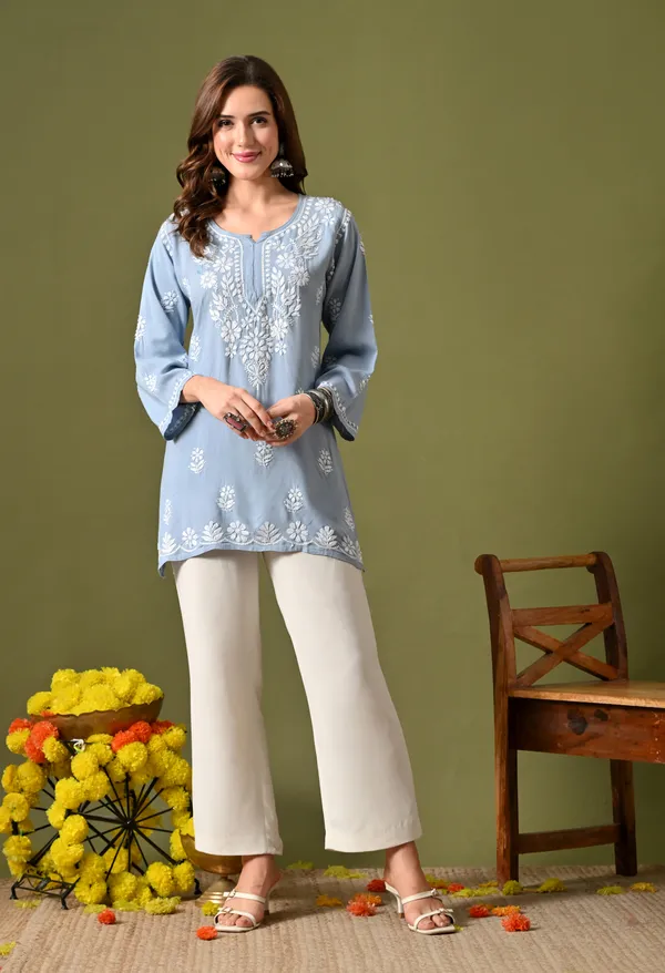 Syrish_Women's_Blue_Hand_Embroidered_Lucknow_Chikankari_Rayon_Straight_Kurti