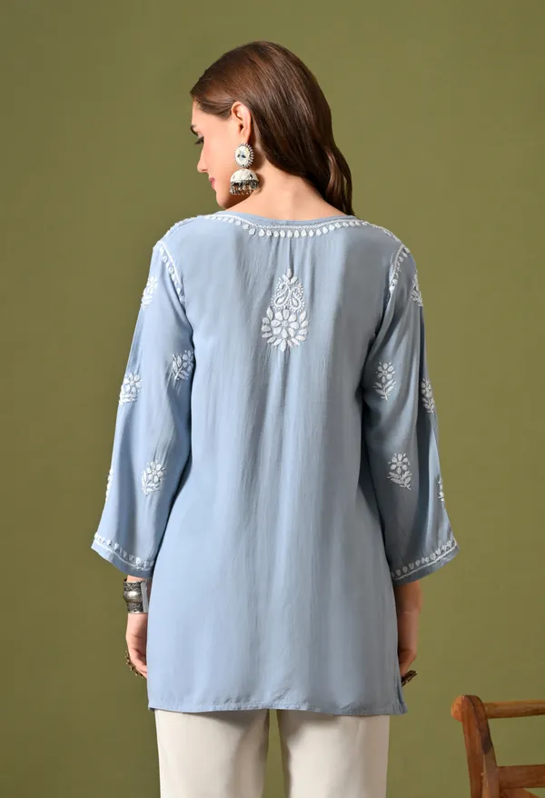 Syrish_Women's_Blue_Hand_Embroidered_Lucknow_Chikankari_Rayon_Straight_Kurti