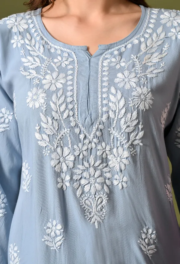 Syrish_Women's_Blue_Hand_Embroidered_Lucknow_Chikankari_Rayon_Straight_Kurti