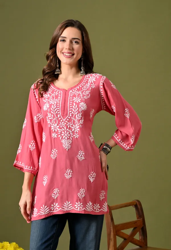 Syrish_Women's_Rose_Pink_Hand_Embroidered_Lucknow_Chikankari_Rayon_Straight_Kurti