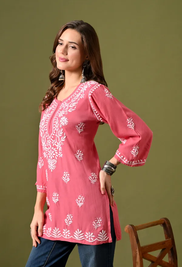 Syrish_Women's_Rose_Pink_Hand_Embroidered_Lucknow_Chikankari_Rayon_Straight_Kurti