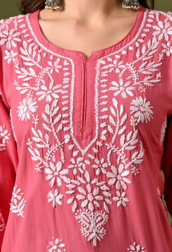 Syrish_Women's_Rose_Pink_Hand_Embroidered_Lucknow_Chikankari_Rayon_Straight_Kurti