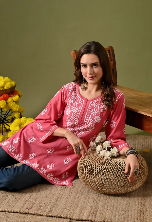 Syrish_Women's_Rose_Pink_Hand_Embroidered_Lucknow_Chikankari_Rayon_Straight_Kurti