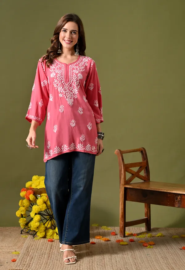 Syrish_Women's_Rose_Pink_Hand_Embroidered_Lucknow_Chikankari_Rayon_Straight_Kurti