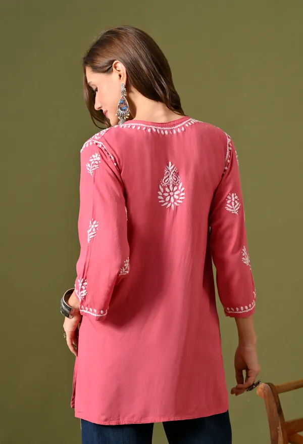 Syrish_Women's_Rose_Pink_Hand_Embroidered_Lucknow_Chikankari_Rayon_Straight_Kurti