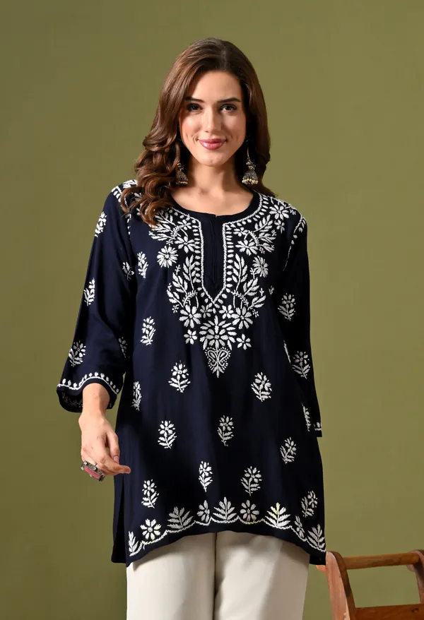 Syrish_Women's_Navy_Blue_Hand_Embroidered_Lucknow_Chikankari_Rayon_Straight_Kurti