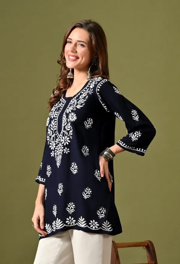 Syrish_Women's_Navy_Blue_Hand_Embroidered_Lucknow_Chikankari_Rayon_Straight_Kurti