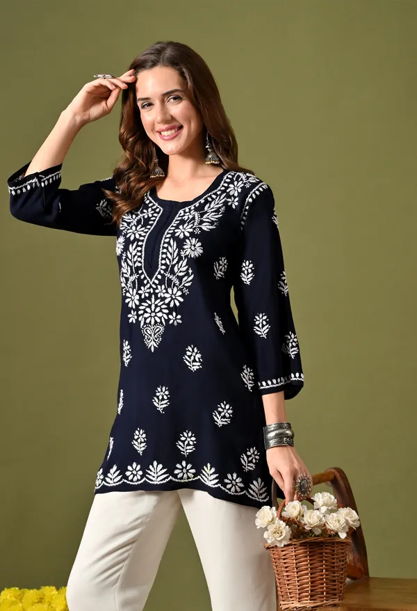 Syrish_Women's_Navy_Blue_Hand_Embroidered_Lucknow_Chikankari_Rayon_Straight_Kurti