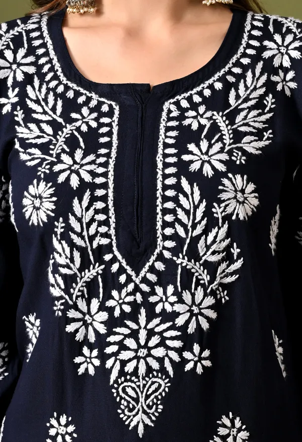 Syrish_Women's_Navy_Blue_Hand_Embroidered_Lucknow_Chikankari_Rayon_Straight_Kurti