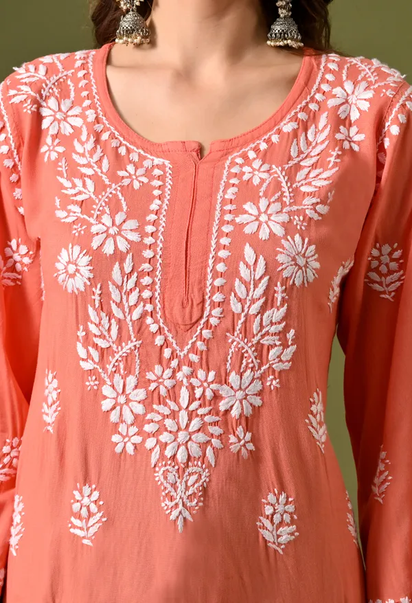 Syrish_Women's_Peach_Hand_Embroidered_Lucknow_Chikankari_Rayon_Straight_Kurti