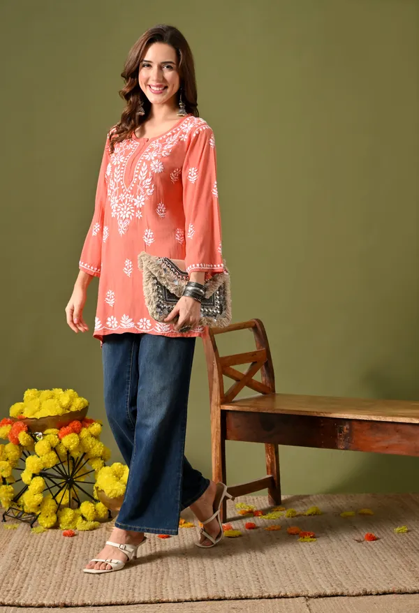 Syrish_Women's_Peach_Hand_Embroidered_Lucknow_Chikankari_Rayon_Straight_Kurti
