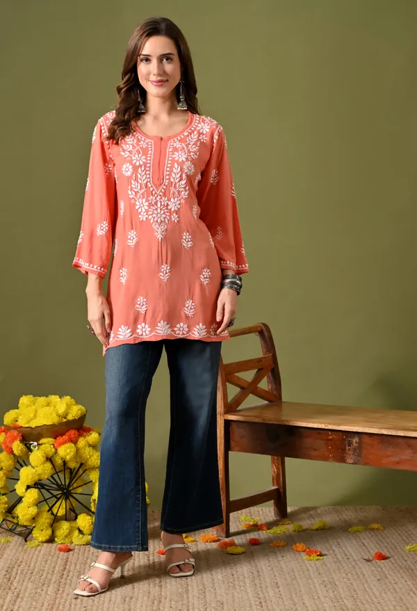 Syrish_Women's_Peach_Hand_Embroidered_Lucknow_Chikankari_Rayon_Straight_Kurti