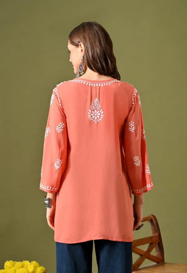 Syrish_Women's_Peach_Hand_Embroidered_Lucknow_Chikankari_Rayon_Straight_Kurti