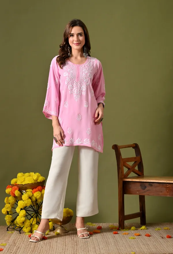 Syrish_Women's_Pink_Hand_Embroidered_Lucknow_Chikankari_Rayon_Straight_Kurti